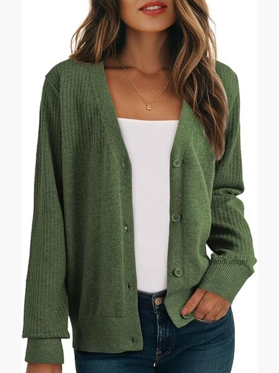 Sweaters - Wool Blend Cardigan Sweater Long Sleeve V-Neck Hollow Out Knit